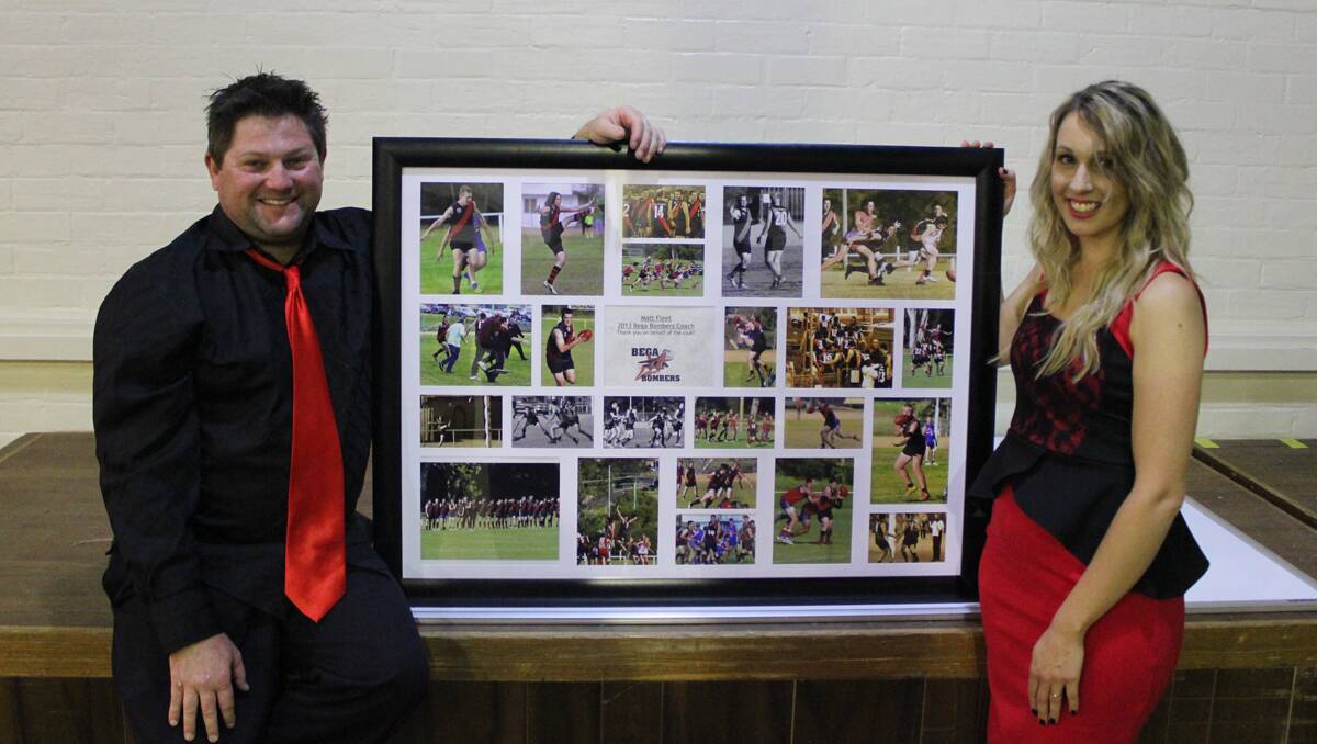 • The Bega Bombers seniors coach Matt Fleet and his wife Jasmine are presented a montage for their efforts during the season.