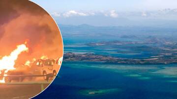 Fires rage in Noumea (left) New Caledonia from the air. Pictures Max Tredan/Darren Pateman