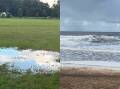 Clouds reflect in a puddle on a waterlogged field, and Tathra Beach swirls with foam. Pictures by James Parker